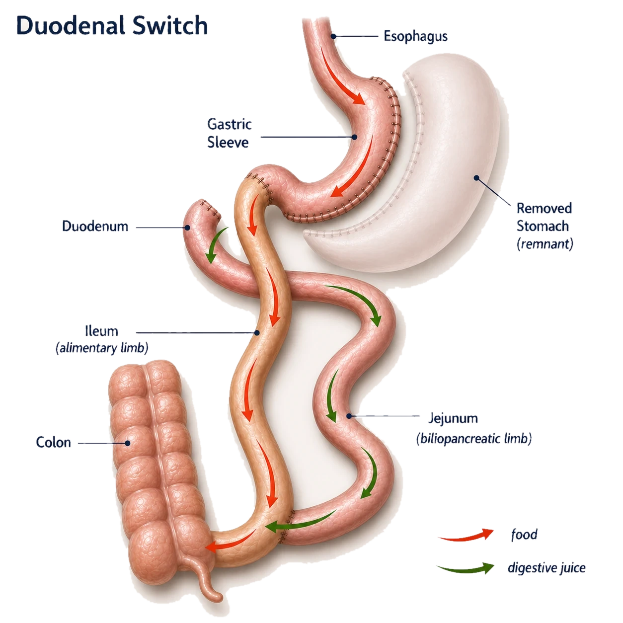 Duodenal switch anatomy: a gastric sleeve with two intestinal connections forming an alimentary limb and a biliopancreatic limb