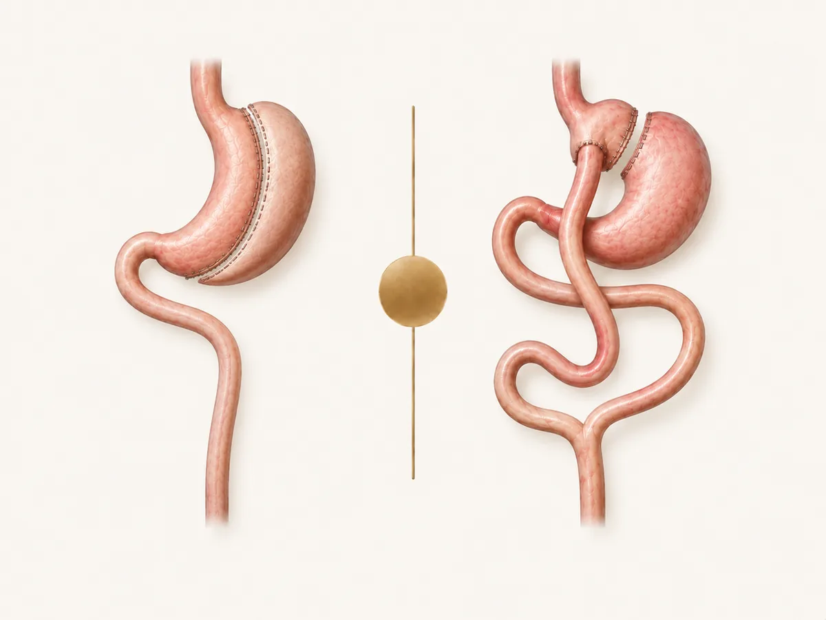 Gastric sleeve compared with gastric bypass, side-by-side anatomy