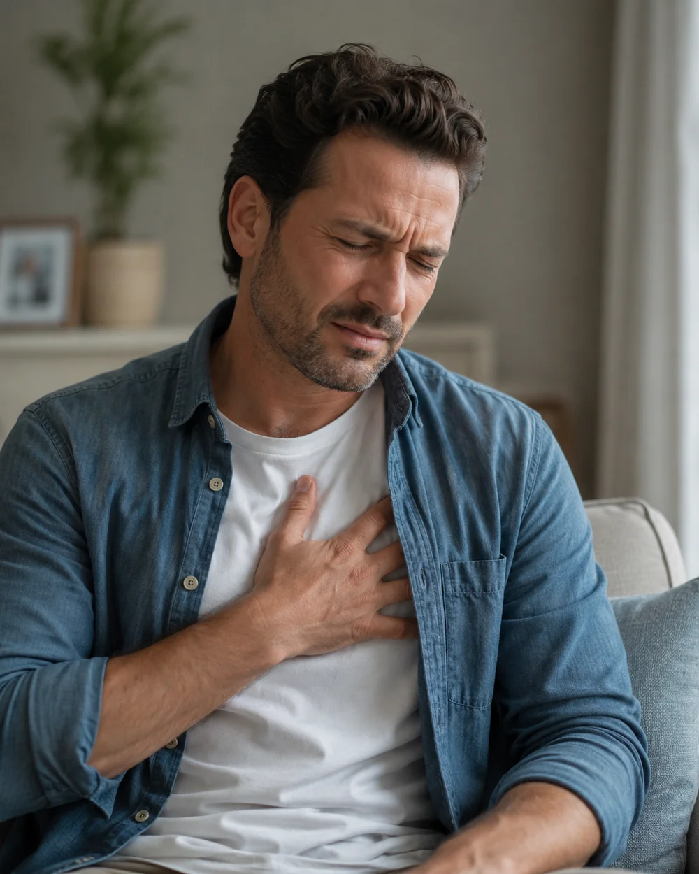 A person with acid reflux discomfort, holding a hand to the chest from heartburn