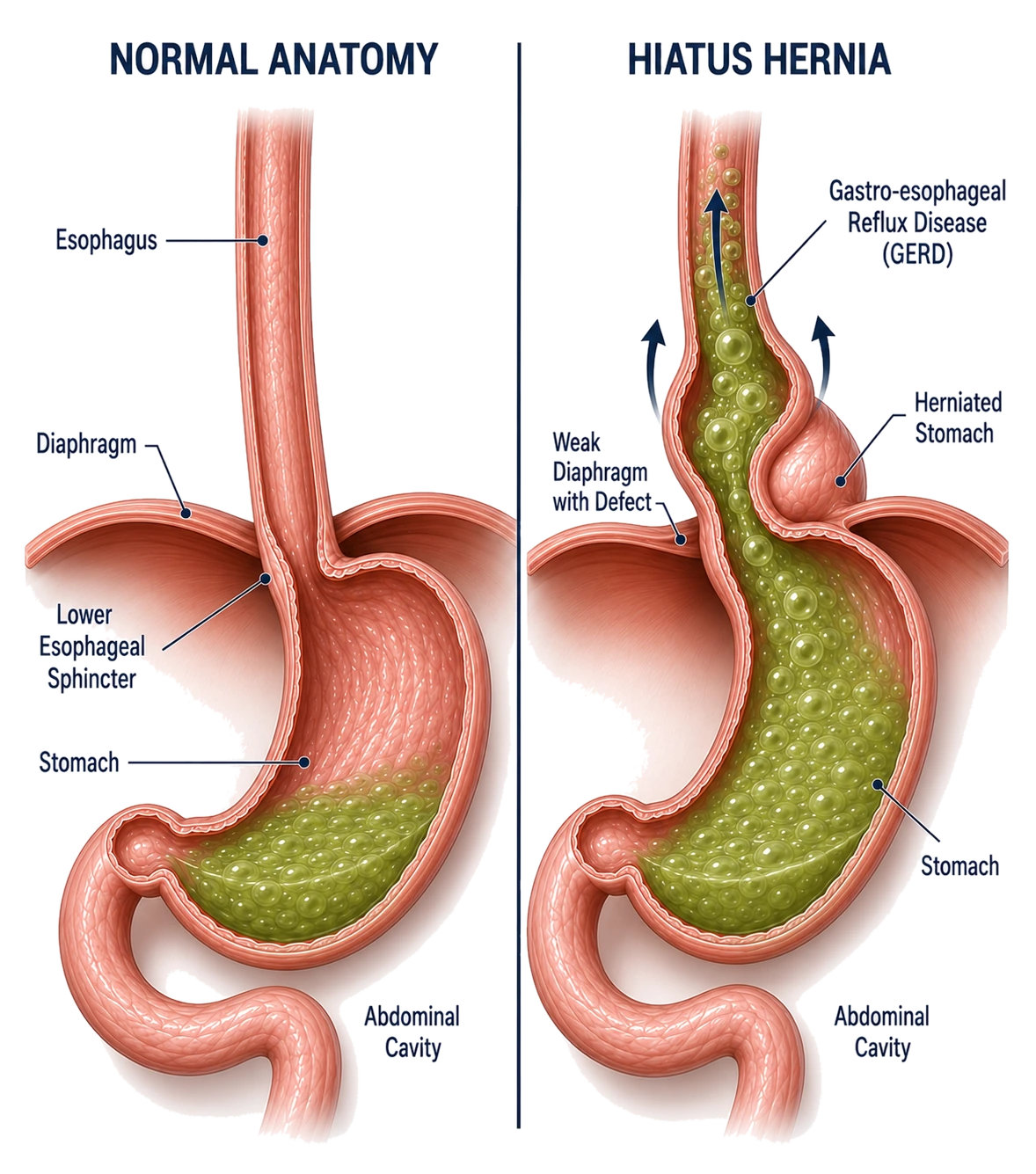 A hiatal hernia: part of the stomach pushing up through the diaphragm, disrupting the anti-reflux barrier