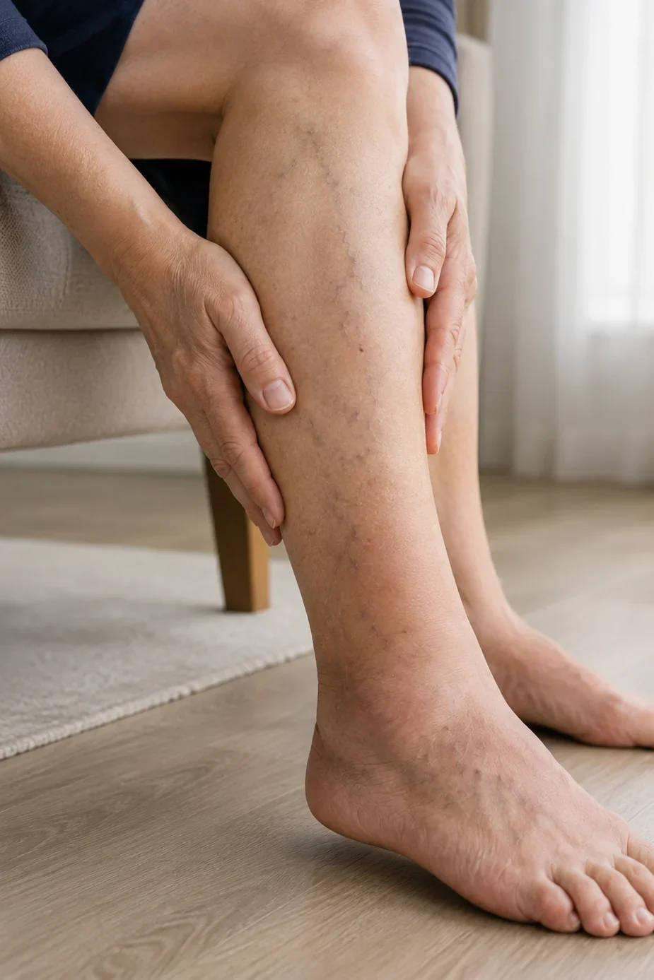 A person rubbing an aching, heavy lower leg with visible varicose veins and swelling