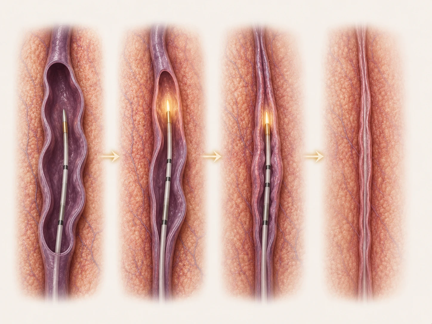 Radiofrequency ablation step by step: catheter placed in the diseased vein, radiofrequency heat sealing the vein wall, and the closed vein