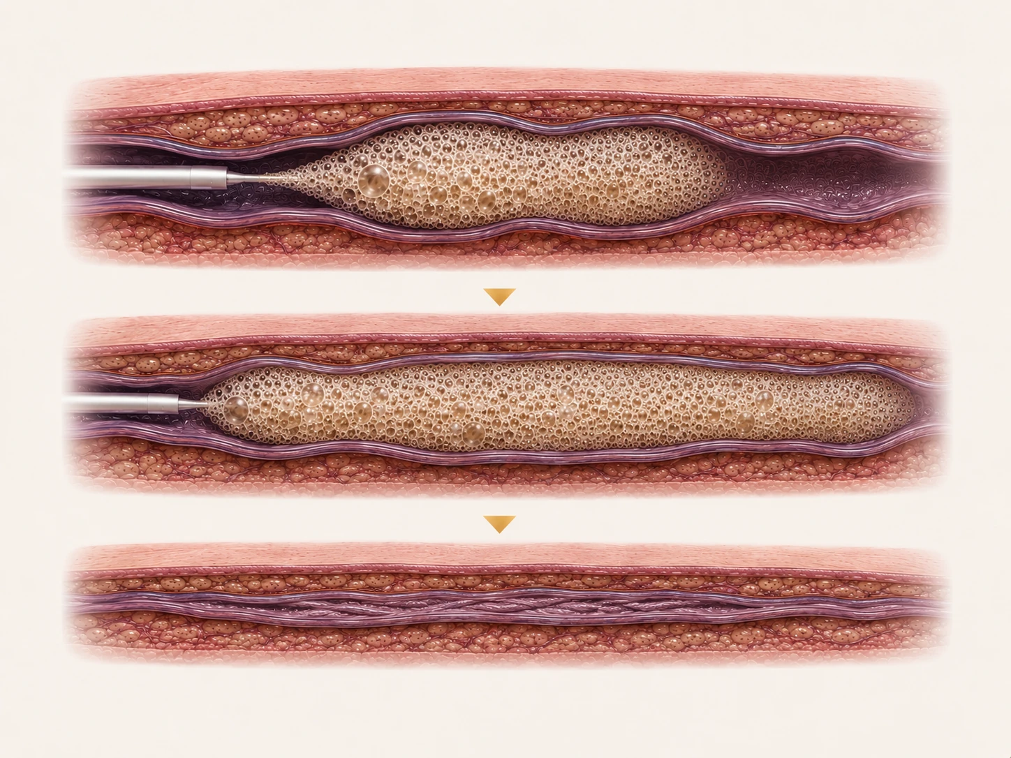 Varithena foam treatment step by step: microfoam filling the diseased vein, the vein collapsing, and the sealed vein