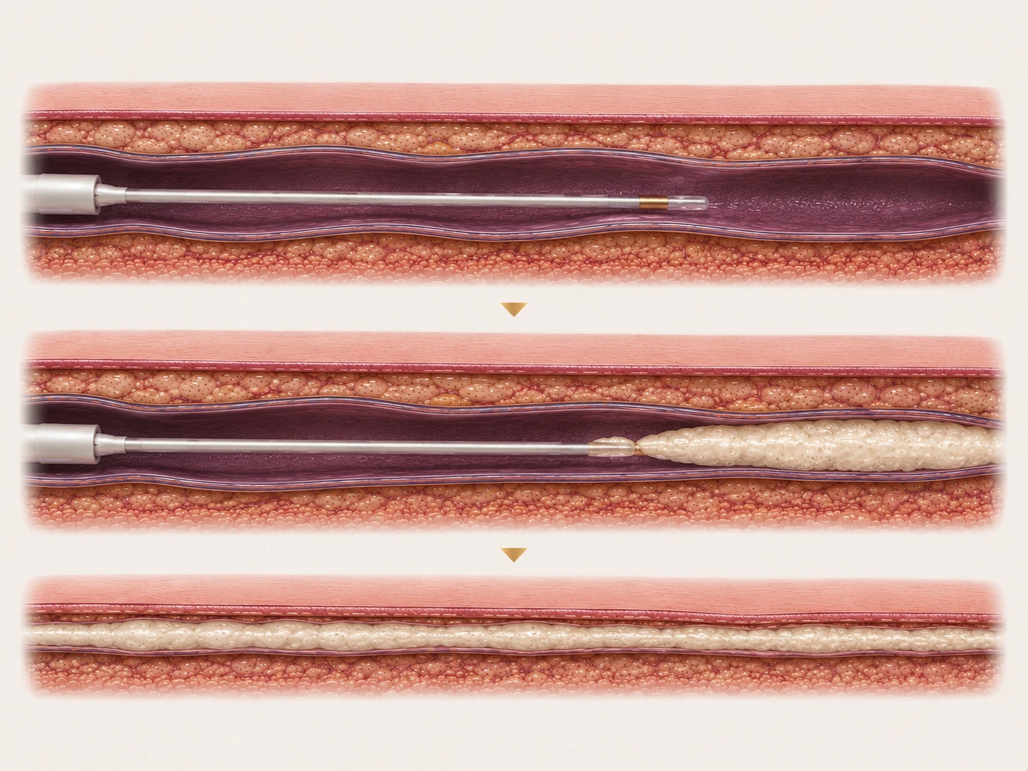 VenaSeal medical adhesive closure step by step: catheter delivering adhesive into the vein, the vein sealing, and the closed vein